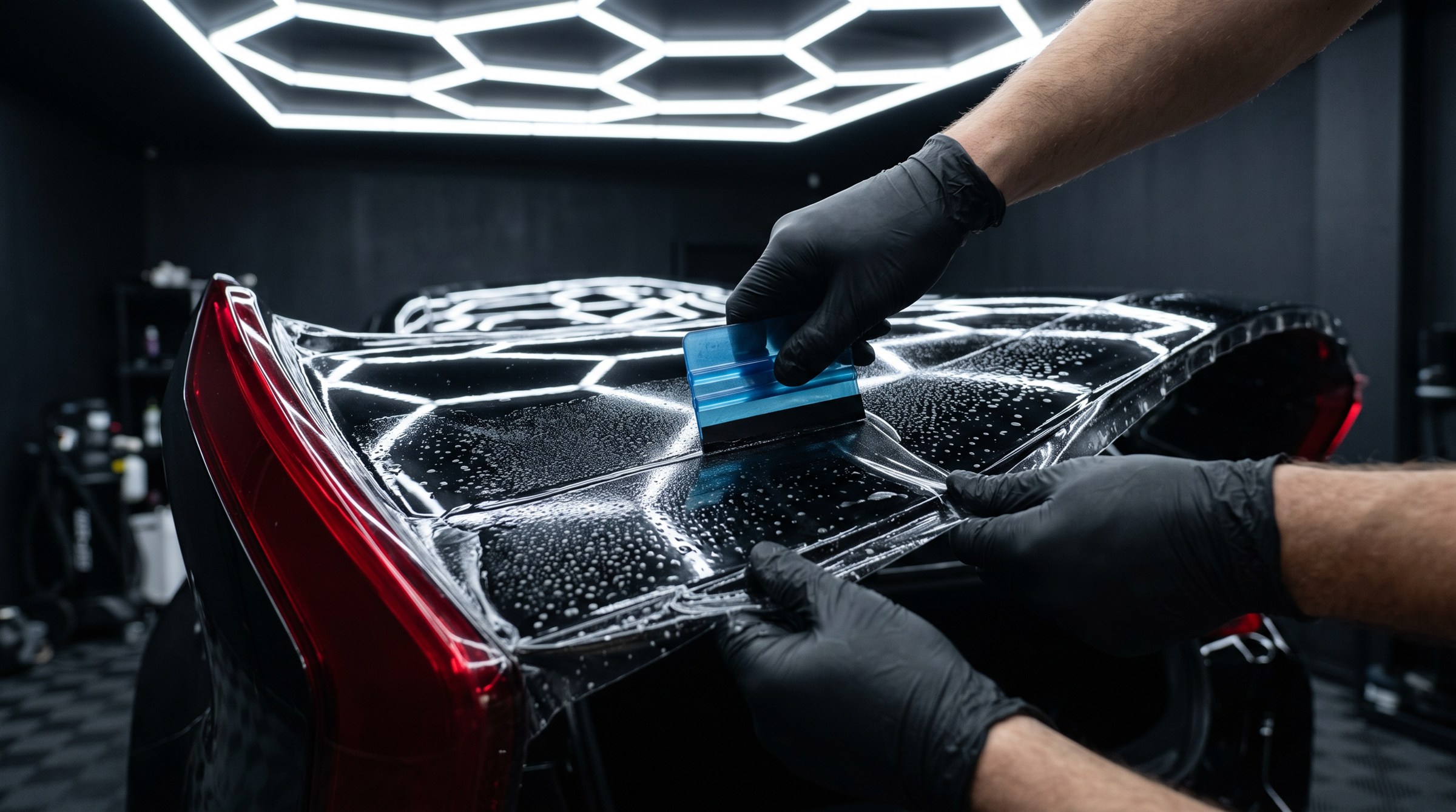 Gloved installer smoothing paint protection film onto a black car panel