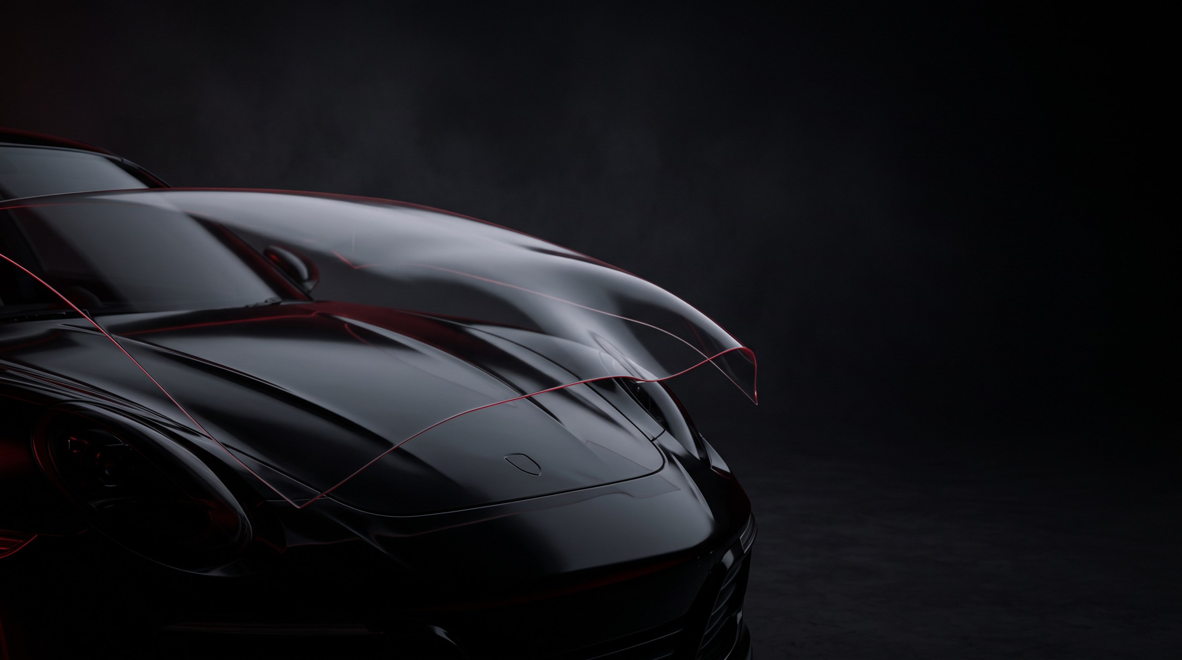 Clear protection film sheet lifted over the bonnet of a black sports car on the left