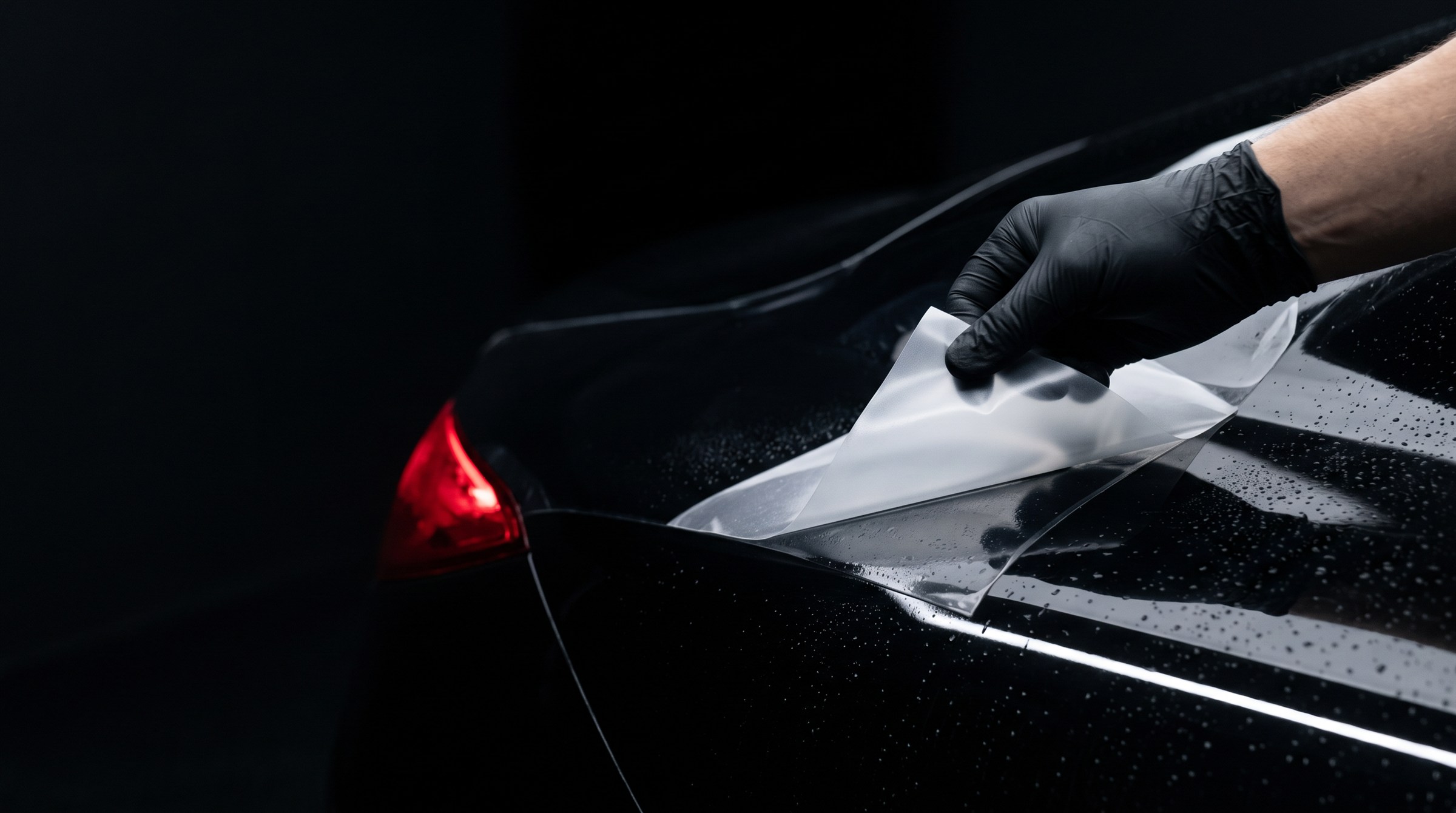 Gloved installer lifting clear protection film from a black car panel