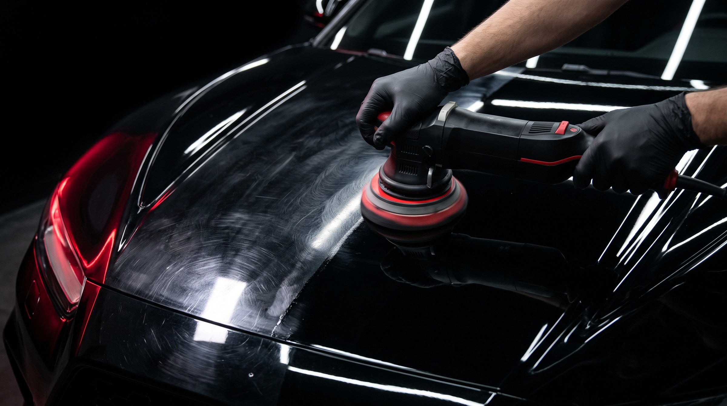 Gloved detailer machine polishing a black car bonnet