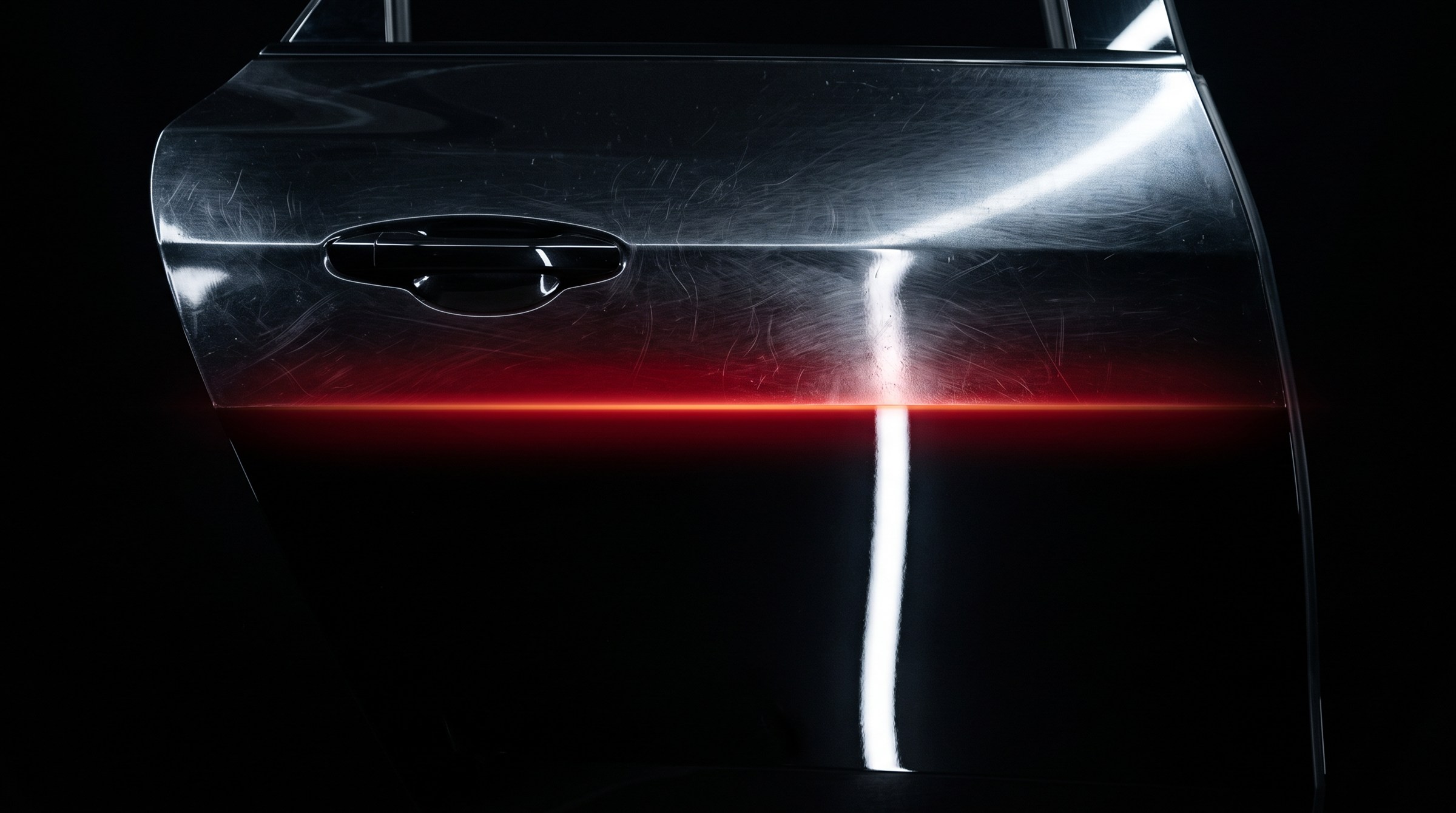 Black car door showing scratched and smooth paint surfaces